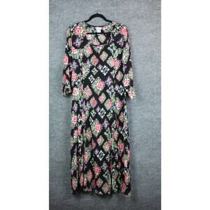 Vicki Wayne Dress Womens L Black Floral Boho Maxi 3/4 Sleeve Back Tie Vintage 90